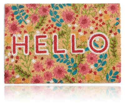 Obrázek produktu pro Relaxdays kokosová rohož, nápis „Hello“ a květinový motiv, rohož do interiéru i exteriéru, kokosová rohož 40 x 60 cm, barevná, Obrázek vytvořený pomocí AI