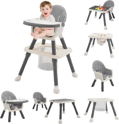 Productafbeelding van Baby hoogstoel 7-in-1 met afneembaar speelblad, in hoogte verstelbaar, met wielen, geschikt voor baby's en peuters