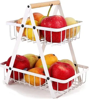 Image de Vitrine à fruits métallique à 2 étages - bac à fruits amovible - étagère de cuisine avec support à fruits - présentoir à gâteaux décoratif - corbeille à pain et bac à légumes pour les fruits
