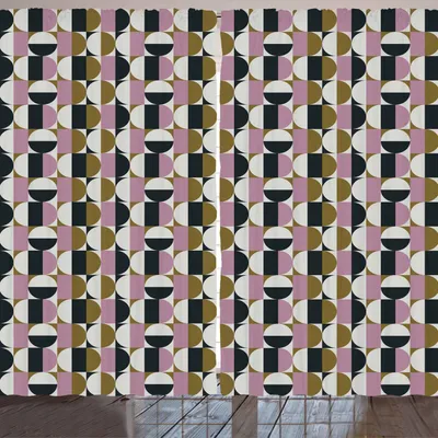 Produktbild von ARANDE Retro Gardine, Bauhaus-Art-abstraktes geometrisches Muster mit Kontrast-Kreisen Quadrate und Rechtecke, 280 x 245 cm, Mehrfarbig