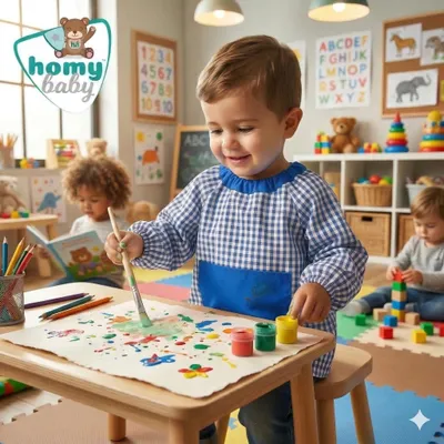 Imagen del producto de Delantal infantil azul, talla 2-3 años/98 cm, con puños elásticos, ideal para la escuela