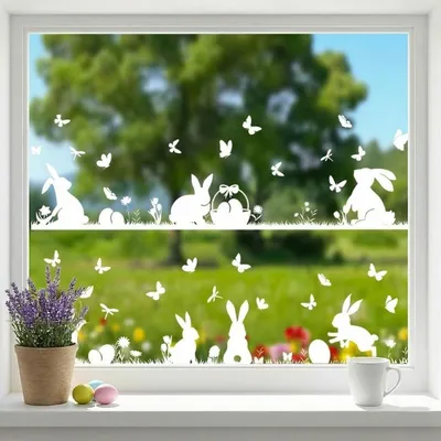 Produktbild von Fensterbilder Ostern Frühling Selbstklebend 6er Set Hasen Schmetterlinge PVC