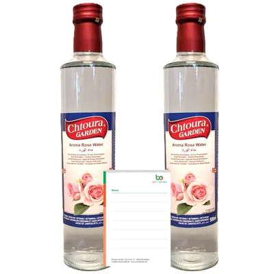 Produktbild von Chtoura Garden Rosenwasser 2x500ml Glasflasche- ideal zum Backen und Kochen - Blütenwasser für Süßspeisen, n inkl. Ben's Garden Notizblock Set