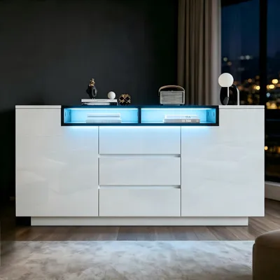 Immagine prodotto di Credenza Merax lucida con LED, cassettiera con 3 cassetti e 2 ante a L, mobile da soggiorno con ripiani regolabili, bianco+nero