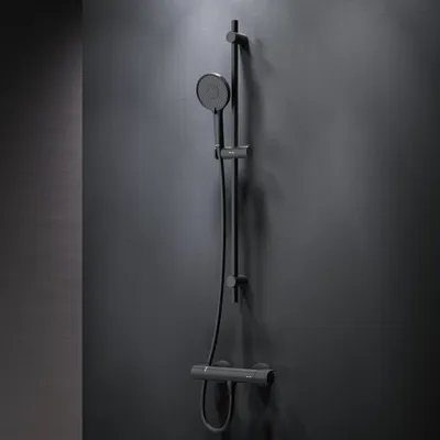Image de Ensemble de douche noir AM.PM : thermostat de douche & ensemble de douche Ensemble de douche : douchette, barre de douche et thermostat Thermostat de douche, F428XA46, mat