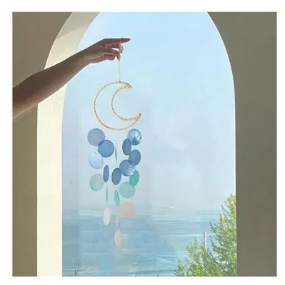 Image de Mobile éolienne en forme de coquillage, 55 cm, bleu nacré, avec corde en coton, décoration suspendue pour jardin ou balcon