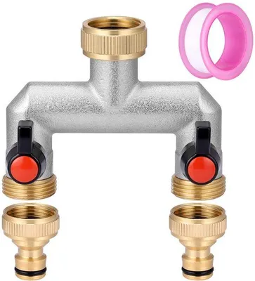 Obrázek produktu pro Ibenzoa® Měděný rozdělovač vody pro kohoutky s přípojkou G 3/4" – 2 kulové ventily, adaptér 1/2", odolný proti korozi, vhodný pro zahradní hadice a zavlažování