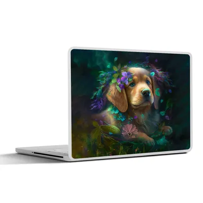 Produktbild von MuchoWow® Laptop Aufkleber Sticker Cover Hund - Welpe - Blumen - Natur - Golden Retriever 25x18 cm - Laptop-Deko