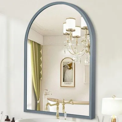 Image de Miroir mural en aluminium avec miroir de salle de bain incurvé, miroir suspendu moderne pour le salon, la chambre à coucher ou l'entrée, cadre en métal brossé, gris