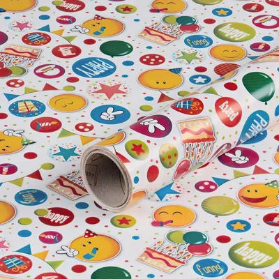 Produktbild von Geschenkpapier Smilies, Weiß, Kindergeburtstag, 0,70 x 10 m