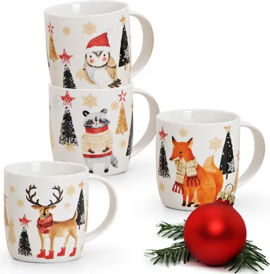 Produktbild von Weihnachtstassen 4er Set Tiere Hirsch Fuchs Eule Kaffeetassen
