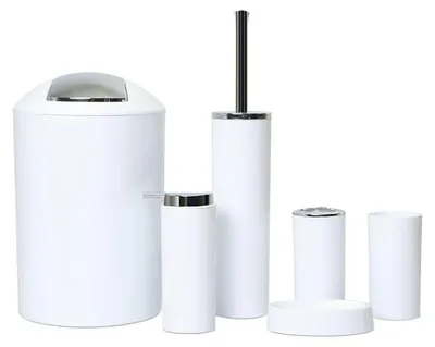 Produktbild von 6tlg Badset Badezimmer Zubehör Set Organizer: (Weiß Design 2a) Seifenspender, Zahnputzbecher, Kosmetikeimer, WC Bürste, Seifenschale, Mülleimer