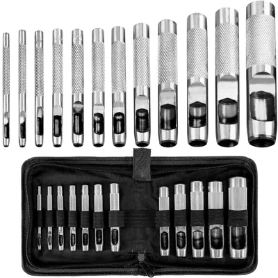 Zdjęcie produktu dla Zestaw 12 sztuk narzędzi Locheisen ze stali, o średnicy od 3 do 19 mm, do obróbki skóry, pasków zegarkowych, pasków i tkanin, w etui