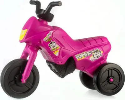 A pink toy motorcycle is shown against a white background.