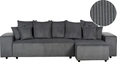 Produktbild von BELIANI 3-Sitzer Ecksofa Dunkelgrau Stoffbezug Cord L-Förmig mit Chaiselongue Linksseitig Schlaffuktion Stauraum Dekokissen Wohnlandschaft Polstersofa