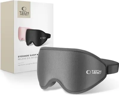 A product shot of a grey sleep mask and its packaging.