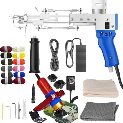 A collection of items related to a tufting machine, including the machine itself, various spools of yarn, accessories, and fabric.