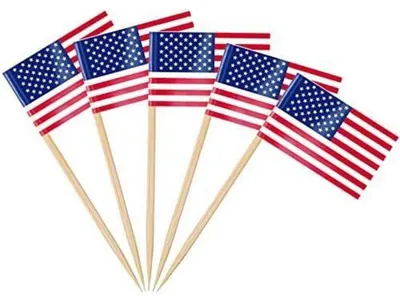Zdjęcie produktu dla Flagi USA na patyczkach do wykałaczek, 100 sztuk, idealne do dekoracji koktajli i babeczek