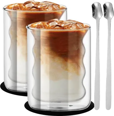 Produktbild von Latte Macchiato Gläser - 200 ml - doppelwandige Gläser - Cappuccino - Kaffeegläser - Thermogläser - Kaffeetassen - klares Glas - Teegläser - spiralförmig - mit 2 Löffeln - 2 Untersetzern - Set von - Kaffeegeschirr doppelwandige Teegläser