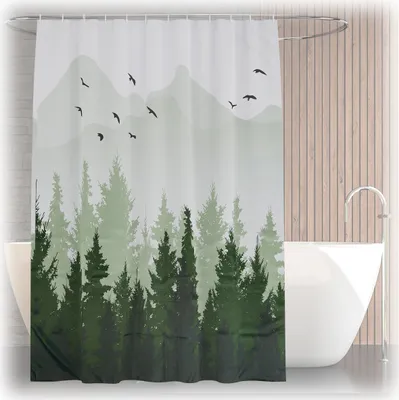 Produktbild von Relaxdays Duschvorhang Tannenwald, Bad Vorhang 180x200, Anti-Schimmel, waschbar, 12 Ringe, Badewannenvorhang, mehrfarbig
