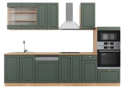 Zdjęcie produktu dla Aneks kuchenny Vicco Fame-Line Green-Gold Country/Gold Power Oak 300 cm z wysoką szafką, BP Dąb, Model 42766