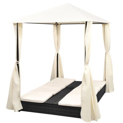 vidaXL Doppel-Sonnenliege mit Vorhang Poly Rattan Schwarz