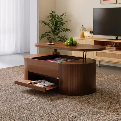 Immagine prodotto di STILVORA tavolino sollevabile con ripiano estraibile, tavolino da caffè con vano portaoggetti nascosto, tavolino di servizio dal design arrotondato, noce