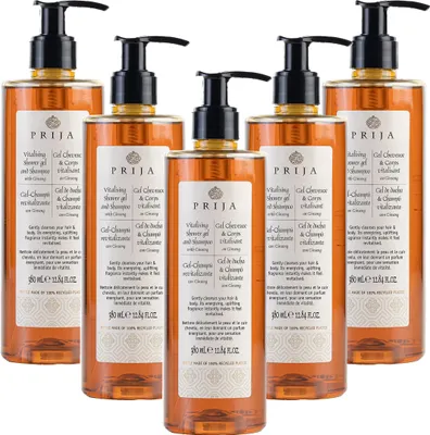Produktbild von PRIJA Duschshampoo 5 x 380ml Set – Belebendes 2-in-1 Duschgel & Shampoo mit Ginseng – Natürlich & Veganfreundlich