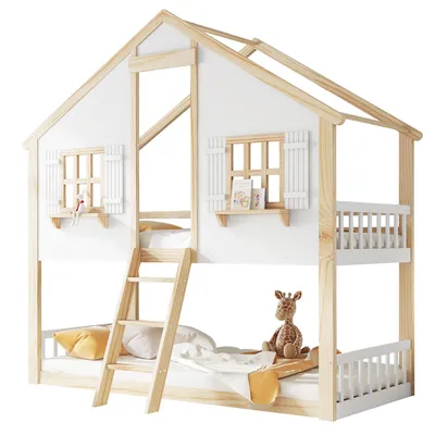 Produktbild von Etagenbett mit 2 Schlafgelegenheiten, 90x200 cm, Kinderbett mit Leiter und Rausfallschutz, Kiefer