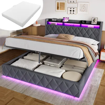 Produktbild von okwish Polsterbett 180×200 mit Matratze und LED, Jugendbett mit LED und offenen Fächern, Doppelbett mit Bettkasten,Grau