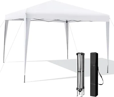 A white pop-up gazebo is shown on a white background, with its folded frame and carrying bag to the right.