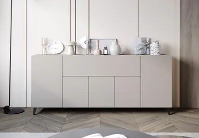 Obrázek produktu pro MINIO go for it, komoda LOKET 180 cm – stylová komoda s vysokými nohami, prostorná, praktická, barva kašmírová béžová