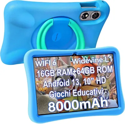 Tablet für Kinder, 16 GB RAM + 64 GB ROM, Android 13, 10 Zoll HD, 8000 mAh, Kindersicherung, BT5.0, Lernspiele, Blau