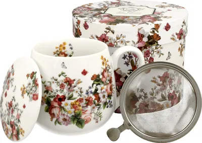 Produktbild von DUO FLORAL Fassbecher 430 ml VINTAGE FLOWERS WHITE mit Teesieb, New Bone China Porzellan