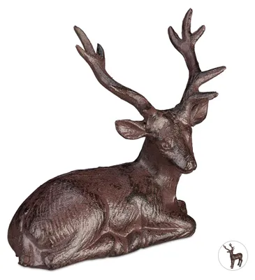 Sitzender Hirsch aus Gusseisen, rustikales Reh, wetterfest, braun