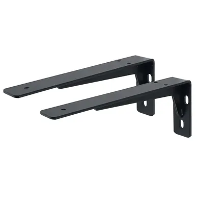 Two black metal shelf brackets are shown against a white background.
