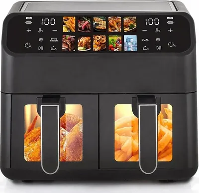 Imagen del producto de Freidora de aire de 9L XXL de doble cámara, 2000W, con ventana de visualización, pantalla táctil a color, 10 programas, función de sincronización, baja en grasas, color