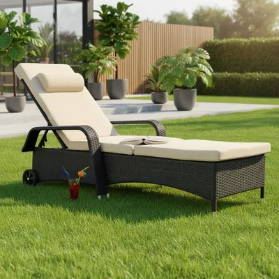 Produktbild von Polyrattan Sonnenliege verstellbar Relaxliege Garten Schwarz mit Polster