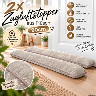 Produktbild von 2x Zugluftstopper Tür 90 cm Taupe – Weicher Plüsch Windstopper, Türbodendichtung gegen Zugluft, wärmeisolierend, geräuschreduzierend & energiesparend