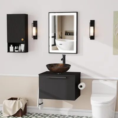 Image de Ensemble de meubles de salle de bain 3 pièces comprenant : meuble sous-vasque de 60 cm, meuble suspendu, vasque de 42 cm, couleur marron