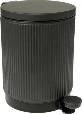 A black pedal bin with a ribbed texture.