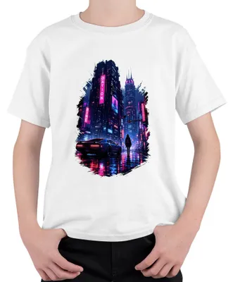 Produktbild von Cyberpunk City Future Neon Auto Regen Nacht Japan Y2K Synthwave Kinder T-Shirt, Weiß, 104