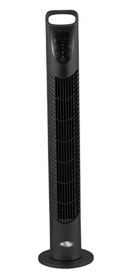 A black tower fan standing upright against a white background.