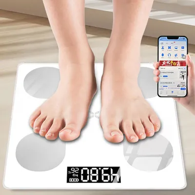 Produktbild von Personenwaagen, Körper-Analyse-Waage, Körperfettwaage, Personenwaage, Körperfett & Muskelanalyse, bis 180 kg, Bluetooth, gehärtetes Glas, LCD-Display