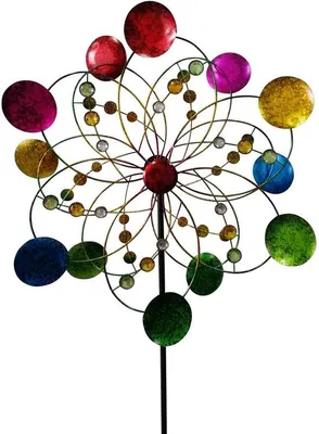 Produktbild von Unyqoos® Buntes Metall-Windspiel 160 cm hoch, Ø 64 cm – wetterfester Gartenstecker, große farbenfrohe Windmühle zur Gartendekoration