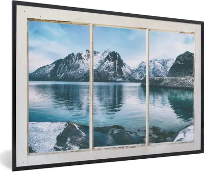 Produktbild von MuchoWow® Gerahmtes Poster Aussicht - Berge - Winter 90x60 cm - Poster mit Schwarzem Bilderrahmen Wandposter Rahmen Foto Bilder - Fotorahmen - Foto-Plakat