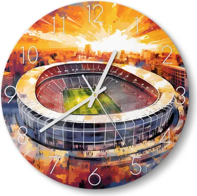Produktbild von DEQORI Glasuhr Ø30 cm Zahlen 'Stadion Real Madrid' Wanduhr Glas Uhr Design leise Küchenuhr