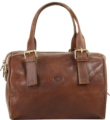 Produktbild von Damen Handtasche aus Leder, braun, mit goldfarbenen Details und dezenten Sattlernähten, 30x27x14 cm