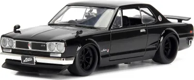 A black Jada Fast & Furious 1971 Nissan Skyline 1:24 scale model car is shown from a three-quarter front angle against a white background.