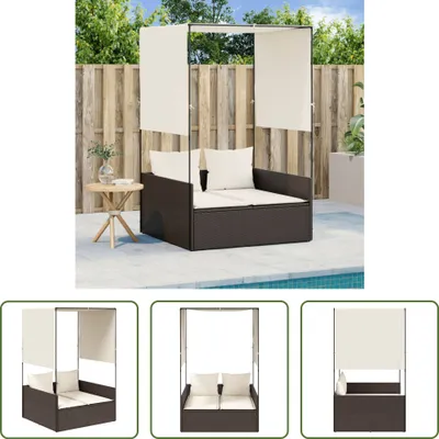 Produktbild von The Living Store Doppel-Sonnenliege mit Dach und Vorhängen Braun Poly Rattan